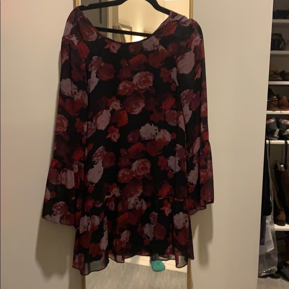 Floral holiday dress with dropped waist and ruffle